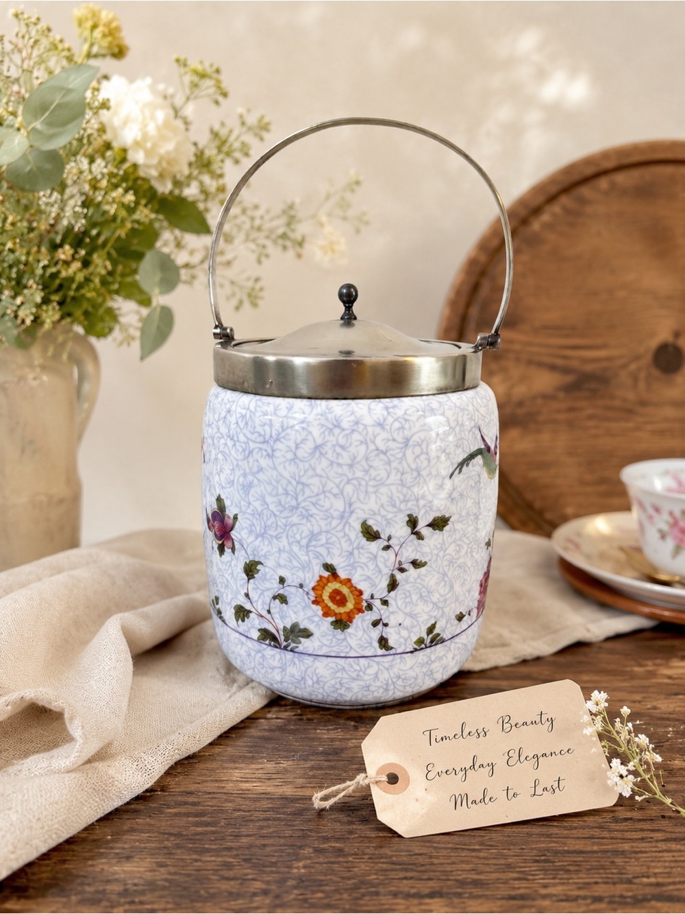 Crown Staffordshire England Floral Biscuit Barrel Cookie Jar w/ Silver Lid